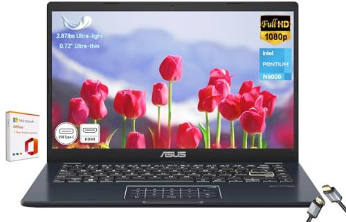 ASUS Vivobook Go Ordinateur portable FHD 14 Intel Pentium N6000 (jusqu'à 3,30 GHz), écran 1920 x 1080, mémoire 4 Go, eMMC 64 Go, Microsoft 365, NumberPad, webcam, HDMI, Wi-Fi, Win11H en mode S,