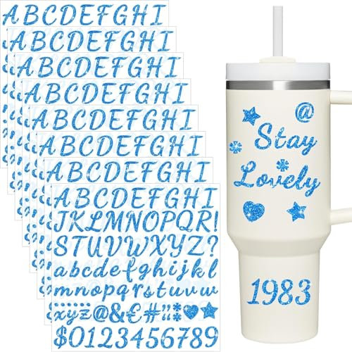 8 Sheets Glitter Letter Stickers for Cup, Alphabet Name Stickers for Water Bottles,Vinyl Waterproof Personalized Letter Number Name Tags Logo Sticker for Scrapbooking Tumbler Accessories(Blue)