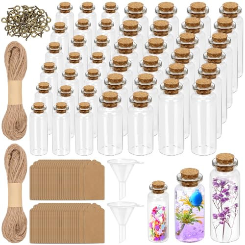 Mardatt 44PCS 5/10/18ml Mini Glass Bottles with Cork Stopper, Mini Glass Vials Tiny Jars with Paper Label, Eye Screws, 10m Twine, Funnels for DIY Wedding Favors Halloween Decoration