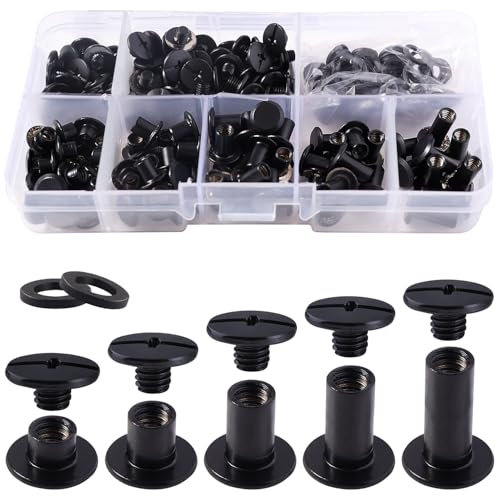 YIXISI 80 Set M5 x 4/6/8/10/12 mm Chicago Vis Assortiment Kit, 5 Tailles Kit de Rivets pour Cuir Cruciforme, pour DIY, Décoration de Cuir, Réparation de Reliure, Noir Pistolet