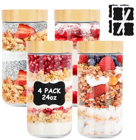 Vikcvcsc 4 Tarros de Cristal con Tapa Hermética Rosca, 680ml Vasos Yogurtera con Tapa, Meal Prep Jar Botes Cristal, Frascos de Vidrio Mason Jars para Overnight Oats,Yogur,Mermelada