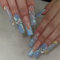 Long Square French Tip False Nails - Blue Gold Coffin Press On Nails With 3D Butterfly Flowers Designs - Ballerina Fake Nails With Glue - Removable Acrylic Stick On Nail For Women Girls Nail Art