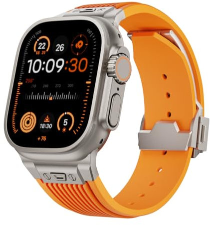 HGNOF Per Apple Watch Band Ultra 2 49mm 46mm 45mm 44mm cinturino in caucciù serie 10 9 8 7 6 5 4 3 2 1 SE con connettore in metallo(B,49mm)