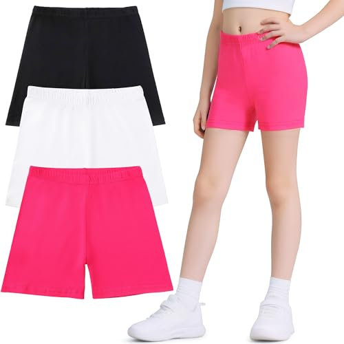Domueay Leggings Court pour Fille, Coton Été Shorts Cyclistes Lot de 3, Enfants Respirant Confortable Sport Danse Uni Couleur Capri Legging Pantalon sous Robe Filles 7-8 Ans, Noir Blanc Rose
