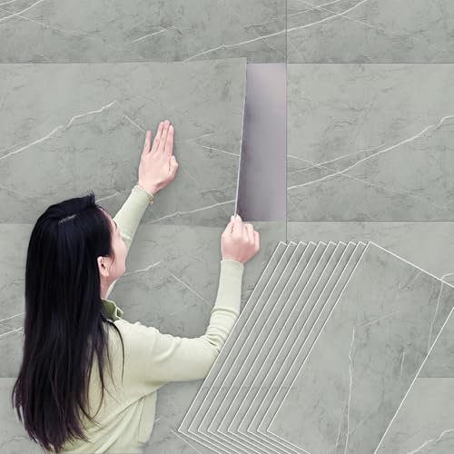 Tarwanear 10 Stück Fliesenaufkleber Küche Klebefliesen Bad Marmor 60x30cm Grau Küchenrückwand Selbstklebend,Selbstklebende Fliesen Wandpaneele für Badezimmer Schlafzimmer Wohnzimmer