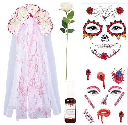 Ourdort Halloween Blutiger Schleier,Halloween Haarschmuck Brautschleier Kurz,Horror Brautschleier Zombie,halloween tattoo gesicht,Weiße Rose + Blutspray,für Hochzeiten und Halloween party,Karneval