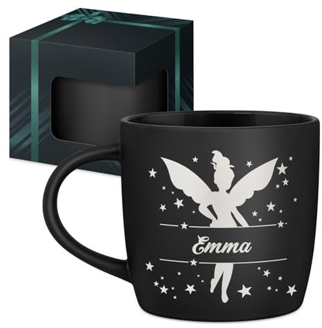 Maverton Mug personnalisé pour femmes - 40cl Tasse à Thé Personnalisable avec Prénom pour elle - Tasse décorative pour Collègue - Cadeau original - Différents Designs - intérieur noir - petite fée