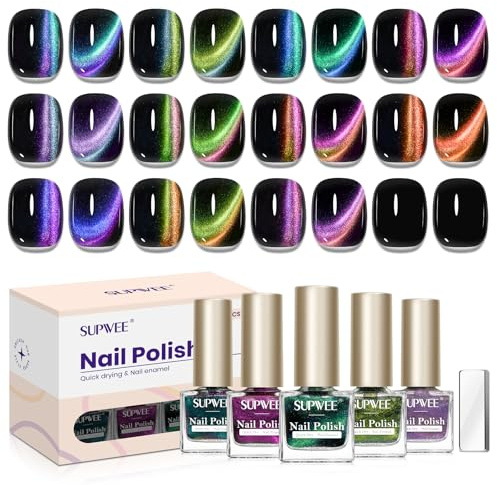 SUPWEE Cat Eye Nagellack Schnelltrocknend, 12 Farben Magnetischer Nagellack Ohne UV mit Magnet Holografisch Air-Drying Cat Eye Nail Polish No Gel Oil Based für Home DIY Salon 7ML