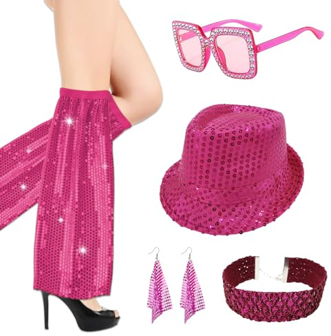 Carreuty 5Pcs 70s Disco Accessoriesfor Women, Abba fancy Sequins Hat Leg Warmers Kit Earrings Necklaces Glasses Rose red Disco Costume 70s Fancy Dress for Hippie Costume Women Retro 70 Theme Party