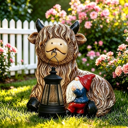 lifemet Solar Highland Cow Gnome Ornaments with LED Light, Gift for Mom | Waterproof Highland Cattle Statues Garden Ornament Outdoor, Housewarming Birthday Gifts for Lawn, Balcony, Yard Decor