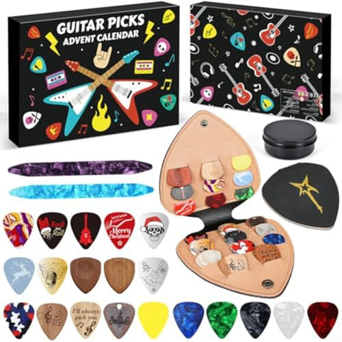 Gitarrenplektrum Adventskalender 2025 - 24 Tage Plektren mit Zelluloid, Holz & Oud Plektren für Gitarristen, Musiker - 3er Pack Variety Set in Blechdose