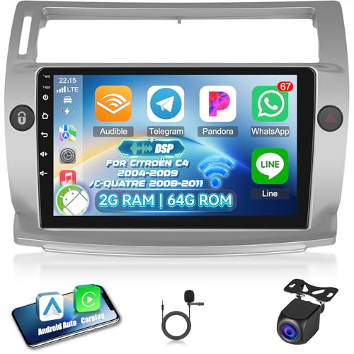 2G+64G Android Autoradio per Citroen C4 2004-2009/C-QUATRE 2008-2011, 9 pollici Touch Screen Stereo, Wireless Carplay e Android Auto/GPS/Wi-Fi/Bluetooth/EQ/FM RDS Radio