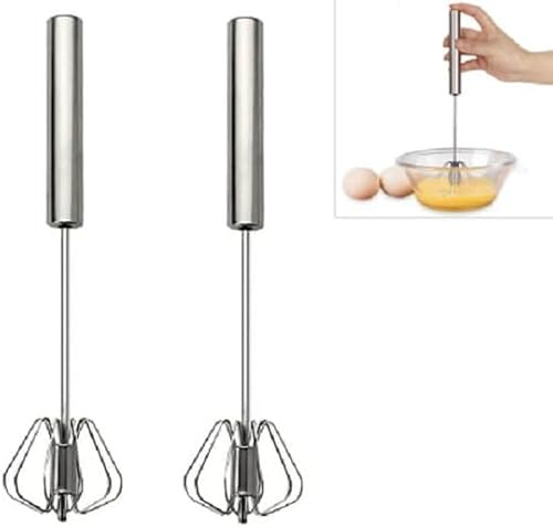Pack of 2 Metal Hand Press Egg Whisk Beater, 30 cm Rotary Whisk Blender for Eggs, Cream & Batter, Durable Stainless Steel Kitchen Tool