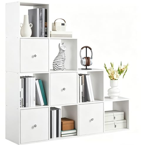 Yaheetech Libreria a 10 Cubi Scaffale in Legno 128 × 29 × 128 cm Bianco | Scaffale Forma L con Scomparti e 4 Cesti Pieghevoli, Struttura Multifunzione Capiente, per Studio e Soggiorno Moderno