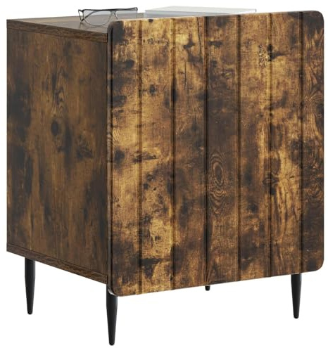vidaXL Nachttisch Geräucherte Eiche 43 x 34,5 x 52 cm Holzwerkstoff, Wohnzimmer, Vintage-Eleganz, rechteckiger Beistelltisch, Nachtisch mit Stauraum, aus Holz, Schwarze Metallbeine