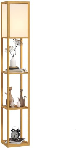 HOMCOM Stehlampe mit Regalen, E27 Fassung, Fußschalter, Rotbuche | 40W, Wohnzimmer Stehleuchte, Nachttischlampe, Lampenschirm, Standlampe für Schlafzimmer, Arbeitszimmer, Büro