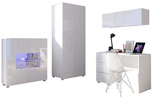 Mirjan24 Jugendzimmer Set Calabrini XIV, inkl. Kleiderschrank, Schreibtisch, Kommode, Wandregal, Komplett, Kinderzimmer Set (Weiß/Weiß Hochglanz, mit Blauer LED Beleuchtung)