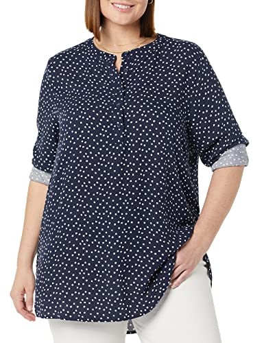 Amazon Essentials Blouse Tissée à Manches Longues Femme, Bleu Marine Points, XL