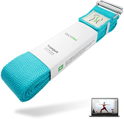BACKLAXX ® Yoga Gurt Baumwolle (Petrol) – Nachhaltiges Zubehör Set, 250 cm Lang Mit Metallverschluss – Ideal für Yoga, Pilates und Dehnen Inkl. Anwendungsvideo