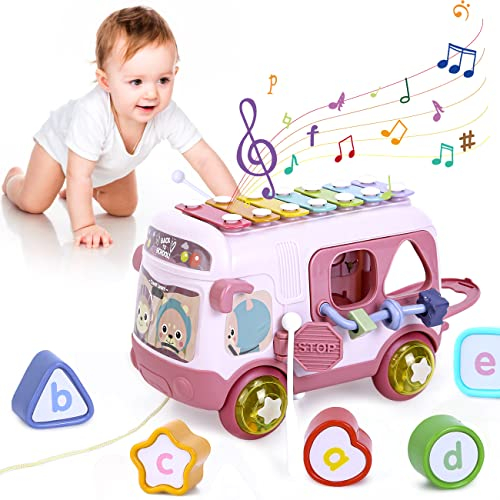 Yellcetoy Spielzeug Geschenk ab 1 Jahr Mädchen, Musikalischer Bus mit Xylophon Motorikwürfel Rassel Rad, Baby Sinnesspielzeug Motorikspielzeug Lernspielzeug für Kinder ab 12-18 Monate Rosa
