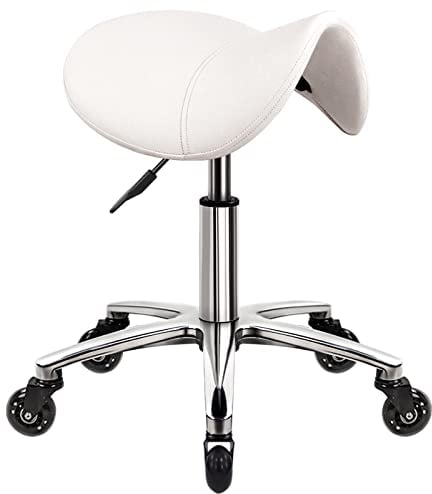 WKWKER Robuster Rollhocker mit Rädern Hydraulischer Drehgelenk Verstellbarer Rollhocker Ergonomisch Dickes Leder Sitzhocker Stuhl für Küche Zeichnen Labor Büro Salon Nachricht Hocker - Weiß