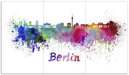 Wallario Herdabdeckplatte/Spritzschutz aus Glas, 3-teilig, 90x52cm mit 13mm hohen Füßen, für Ceran- und Induktionsherde, Städte als Aquarell - Skyline von Berlin