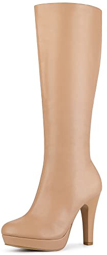 Allegra K - Stivali da donna con tacco grosso, punta rotonda, plateau, alti fino al ginocchio, Nude, 40 EU