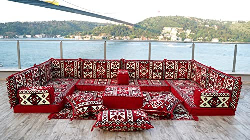 U-förmiges arabisches Sofa-Set, kastanienbraune Bodensofas, Terrassen-Palettensofa, Schnittsofas, Bodenkissen, arabische Majlis, türkisches Boden-Sitzset, Sofadecken, großes Sofa (U Sofa + Teppich)