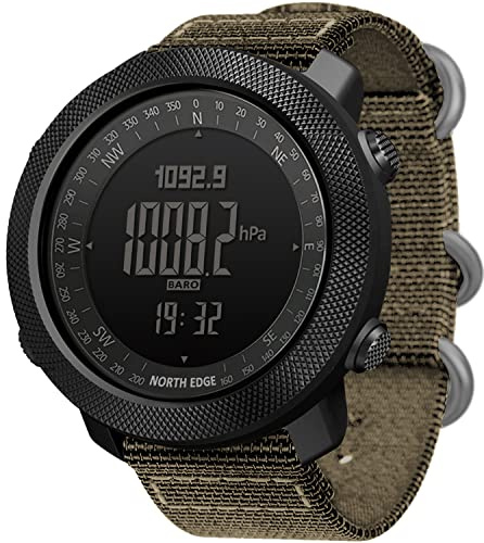 HOOSHU Montre de sport tactique pour homme - Montre numérique de survie militaire - Boussole - Bracelet durable - Suivi des pas, podomètre, calories, kaki