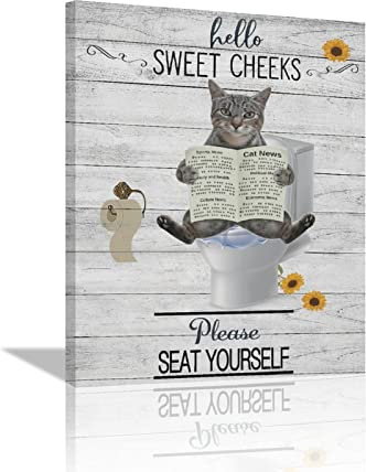 Funny Cat Bathroom Wall Art Cat Bathroom Pictures Wall Decor Cute Animal Cat on Toilet Canvas Painting Print Rustic Farmhouse Bathroom Sign Please Sit Yourself Artworks Framed for Restroom 12x16