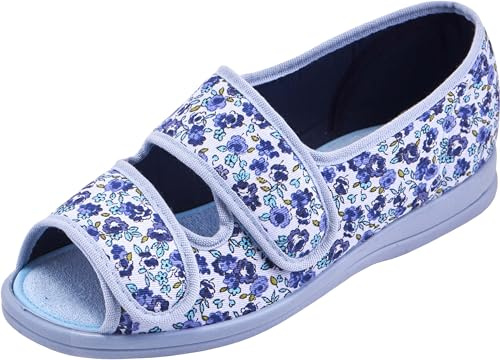 Cosyfeet Milly - Blue/Lilac Floral - 6-6E Width - Extra Wide Women's Fabric Shoes