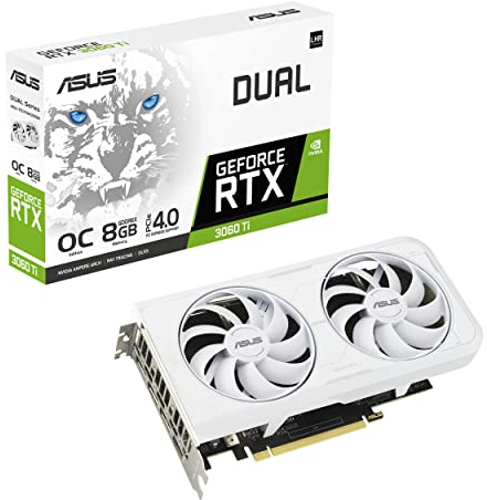 ASUS DUAL NVIDIA GeForce RTX 3060 Ti OC Edition / Blanc – Carte graphique gaming (8GB GDDR6X, PCIe 4.0, HDMI 2.1, DisplayPort 1.4a, 2 x ventilateurs axiaux, deux slots, technologie 0dB)