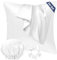 Seiwohl Satin Kissenbezug 80x80 2er Set, Weich wie Seidenkissenbezug Silk Pillowcase, Vegane Seide Kopfkissenbezug Kissenhülle Haarschutz für die Nacht mit Haargummi und Haarhaube, Weiß
