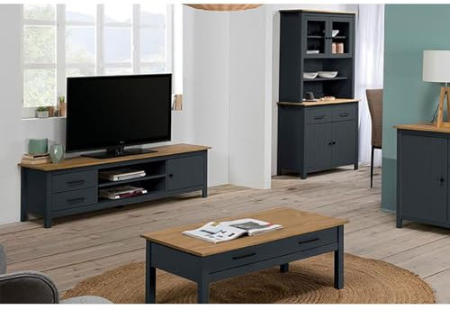 AltoBuy Tina - Pack Meuble TV + Table Basse + Buffet Haut en Bois Ciré et Bleu Pétrole