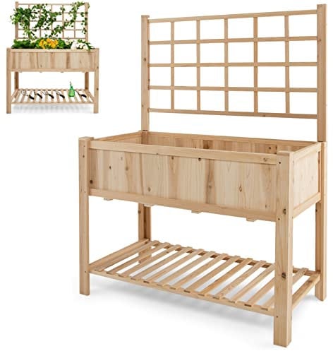 GiantexUK Raised Garden Bed with Trellis, Wood Elevated Planter Box with Liner, Wheels & Storage Shelf, Outdoor Planting Stand Holder for Vegetables Herbs Vines Flowers (119x58x159cm, without Wheels)