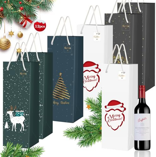 Frasheng 12 x Weihnachten Flaschentüten Geschenktüten, Geschenktaschen mit Seilgriffen, Geschenktüten für Wein, Flaschentüten für Weihnachten, Geburtstage, Partys (34,2 x 10 x 9,5cm)