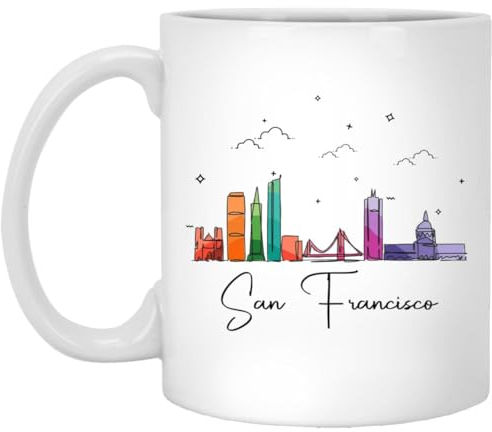 HKDesignGift San Francisco City Kaffeetasse – San Francisco City Weihnachtstasse – Sehenswürdigkeiten Xmas Tasse – Bunte City Skyline Grafik – San Francisco Geschenke für Weihnachten 325 ml