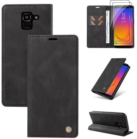 Beajew kompatibel mit Samsung Galaxy J6/J6 2018 Hülle [Mit 2 Stück Panzer Schutz Glas] Premium Leder Stoßfest Schutzhülle Kartenfach Klapphülle Handyhülle für Samsung Galaxy J6/J6 2018, Schwarz