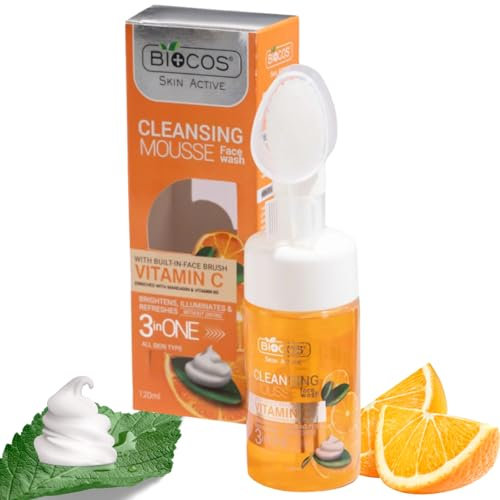 BIOCOS Vitamin C Face Wash Cleanser With Cleaning Brush Deep Pore Cleansing With Aloe Vera & Vitamin B5 Self-Foaming Mousse Day Night Skin Routine