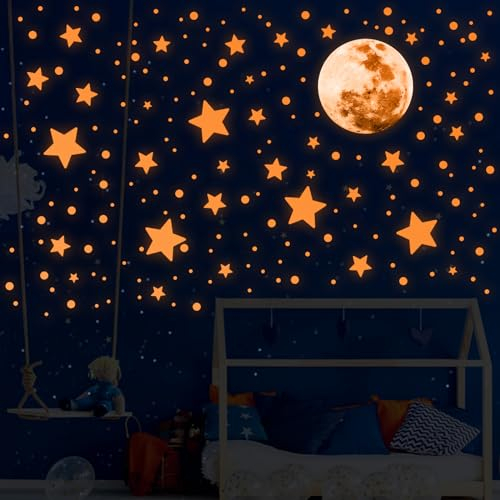 Molain 538pcs Leuchtsterne Wandtattoo, Kinderzimmer Wandtattoo, Sterne Mond Leuchtend Aufkleber Wandsticker Selbstklebend kinder Wand Sternenhimmel Leuchtsticker Schlafzimmer Wandtattoo (orange)