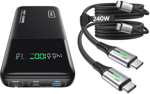 INIU Power Bank, 27000mAh 140W Portable Charger Fast Charging for Laptops and Phones, USB C in & 240W USB C to USB C Charger Cable, [2-Pack 2m] PD Type C Charge Cable, Super Fast Charging USB