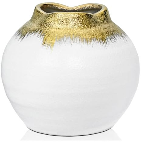Oairse Vintage Gold Vase for Flowers, Small Ceramic Flower Vase For Decorative Wedding Party Home Vases Décor Table Centerpieces Mantel Shelf Living Room Bedroom Decoration, 14cm Tall, White