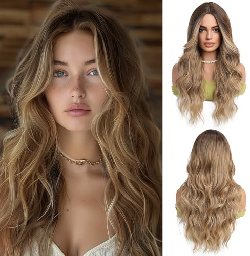 OUFEI Ombre Gemischt Braun Perücken für Frauen Lange lockige Perücke Synthetisches Haar Hitzebeständige Perücken für tägliche Party Cosplay tragen
