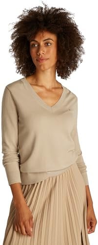 TOMMY HILFIGER Damen Sweater CO Jersey Stitch V-NK Pullover WW0WW40098, Khaki (Sandalwood), XL