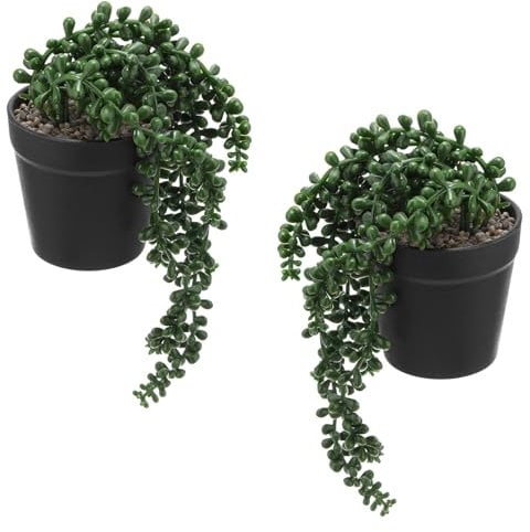 PATIKIL Artificial Succulents, 2Pcs Hanging Artificial Succulents Plant Fake Faux Flower in Black Pot for Garden Home Hanging Decorations Arrangement Craft