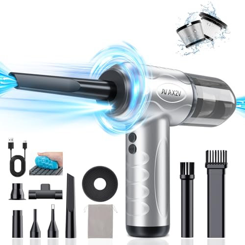 AX2V 4-in-1 Compressed Air Duster, 120000RPM Cordless Handheld Car Vacuum, Air Blower& Pumper, Keyboard Duster with LED Light - Electric Air Duster Cleaner for Computer and Car Deep Cleaning