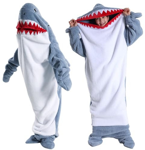 Bocguy Hai Decke, Shark Blanket Flauschig, Hai Kostüm Kuscheldecke, Shark Onesie Warm, Shark Costume Tragbare, Decke mit Ärmeln Geeignet für 125-200cm Erwachsene & Kinder Im Winter Warm Halten(Blau)