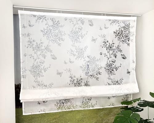 Devola Raffrollo mit Blumenmuster Raffgardine Ausbrenner Rollo Vorhang Küche Fenster Gardinen Landhausstil Gardinen Kurz Halbtransparent HxB 140x45cm Weiß mit Klettband 1 Stück