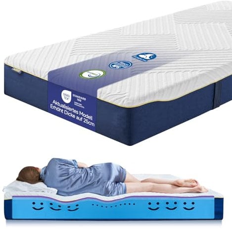 Coolux Sleep Matratze 90x200 Schaumstoffmatratze 25cm Hoch Kaltschaummatratze Orthopädische Rollmatratze Öko-Tex Zertifiziert Härtegrad-H3 Memory Schaum Kindermatratze Mit Bezug, Abnehmbar & Waschbar
