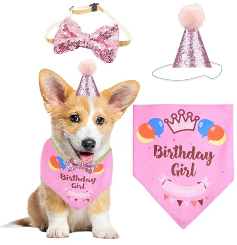Halstuch für Hundegeburtstage, Partyzubehör für Haustiere, dreieckiges Baumwolltuch für Jungen mit süßer Geburtstagsmütze für kleine und mittelgroße Hunde, Katzen, Hunde und Welpen (Rosa)